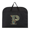 Black fabric dust cover and storage bag featuring an ornate gold and teal initial P
