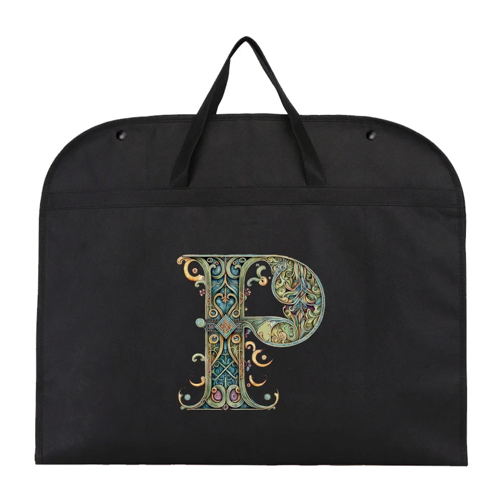 Black fabric dust cover and storage bag featuring an ornate gold and teal initial P