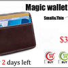 A brown genuine leather slim card holder wallet with a magic wallet feature and cash inside.
