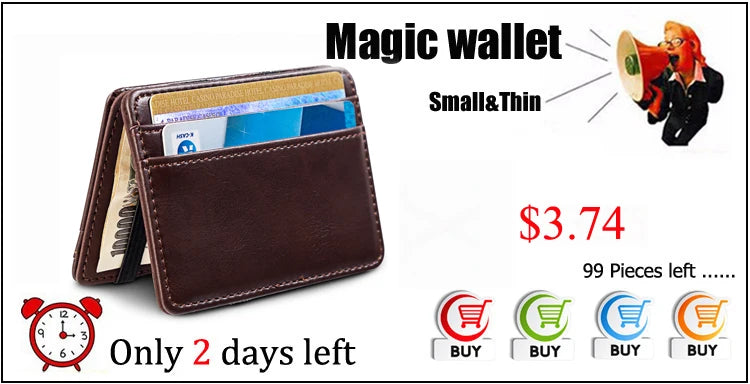 A brown genuine leather slim card holder wallet with a magic wallet feature and cash inside.