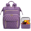 A purple insulated lunch and picnic backpack with zippered compartments and a removable food container.