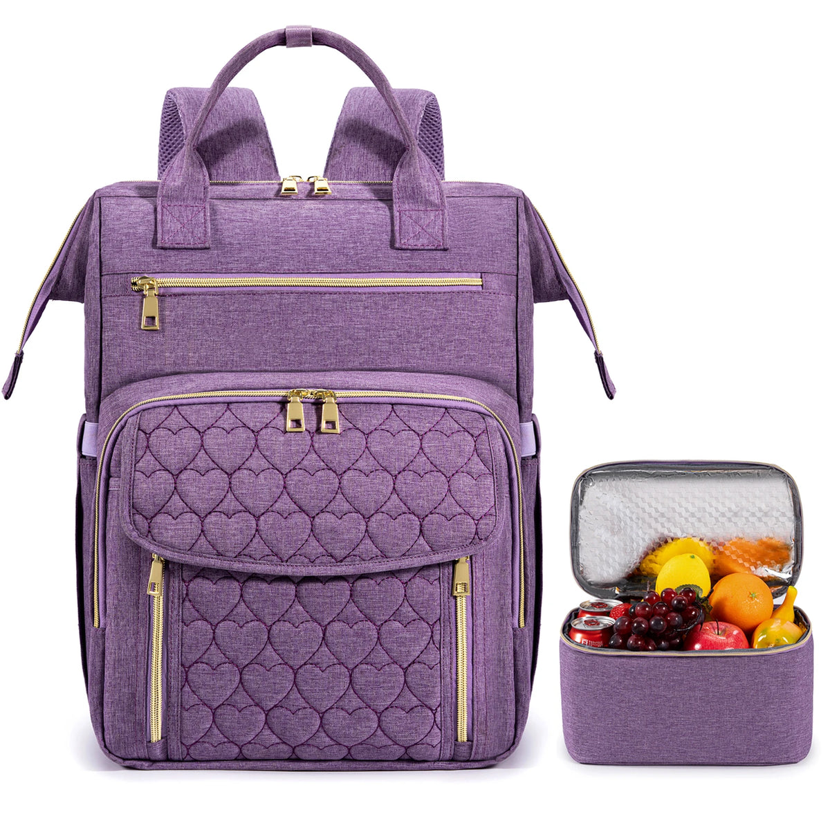 A purple insulated lunch and picnic backpack with zippered compartments and a removable food container.