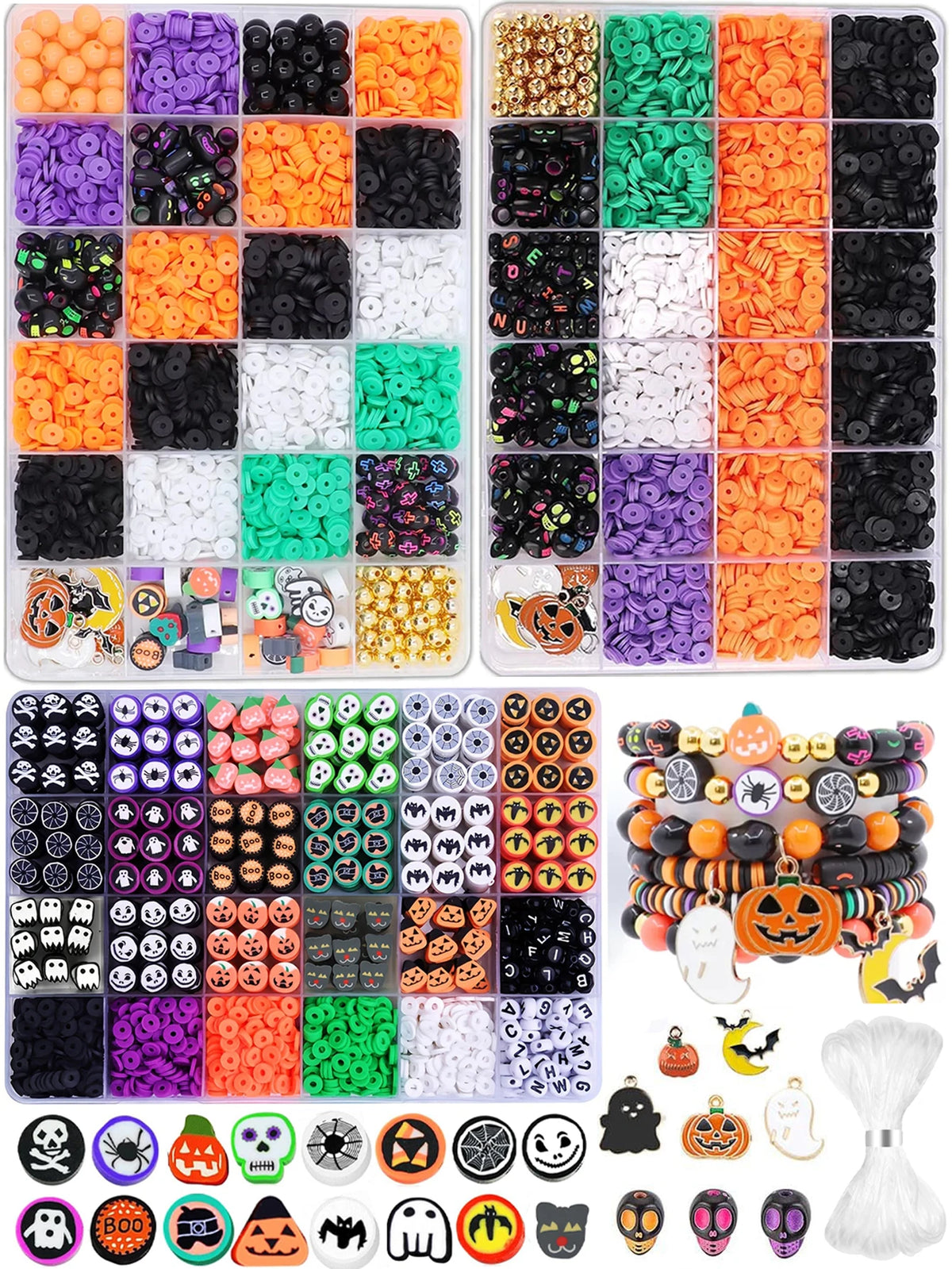 A variety of polymer clay beads and components for making Halloween themed bracelets and jewelry.