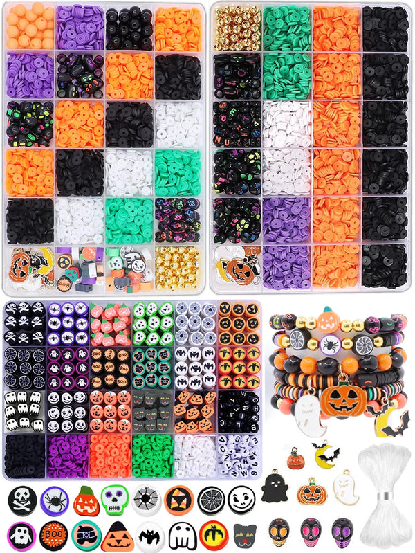 A variety of polymer clay beads and components for making Halloween themed bracelets and jewelry.
