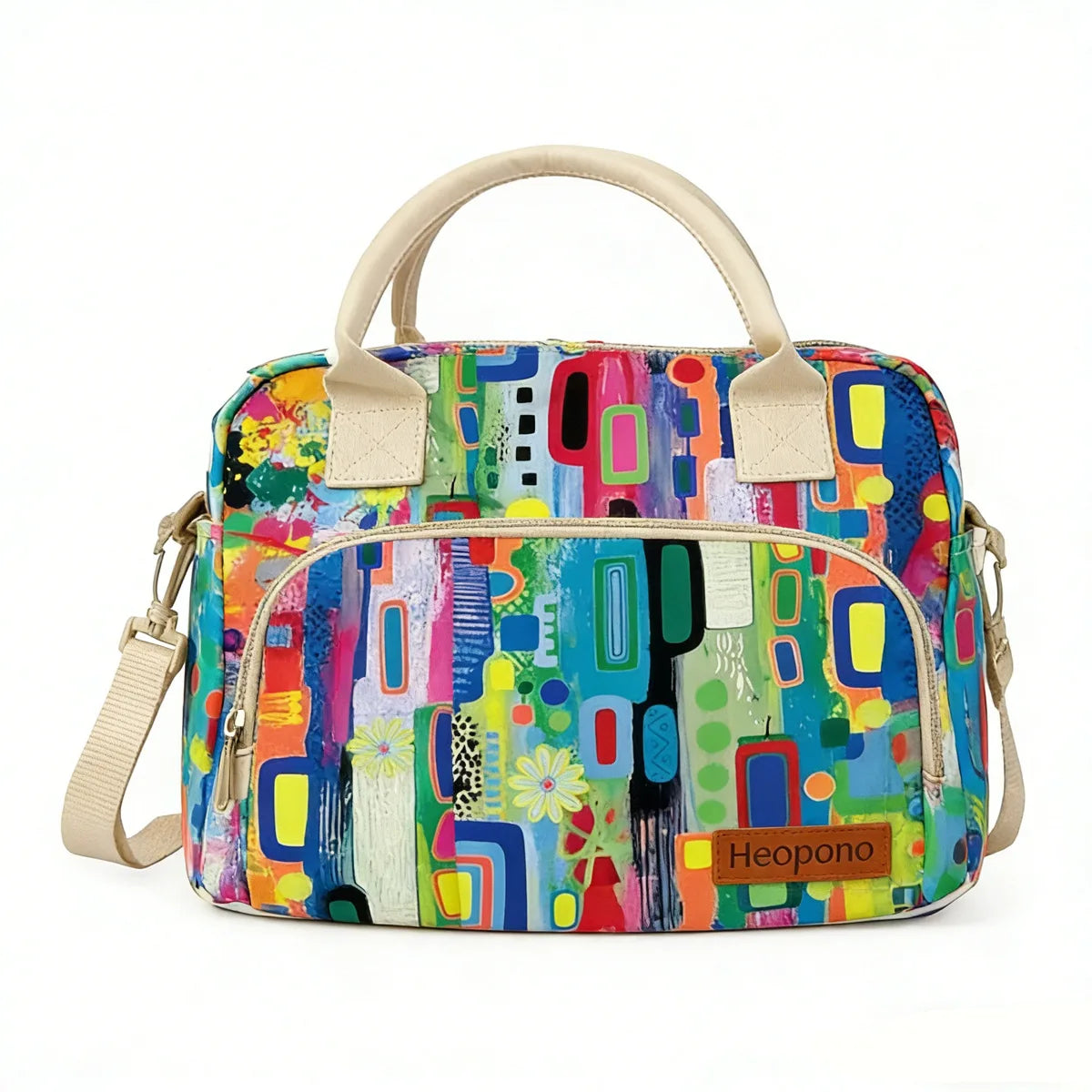 A colorful storage bag with a light beige handle and a vibrant abstract pattern.