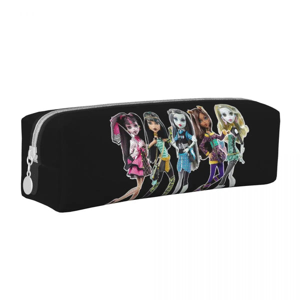 Black zippered pencil case featuring illustrations of various female characters.