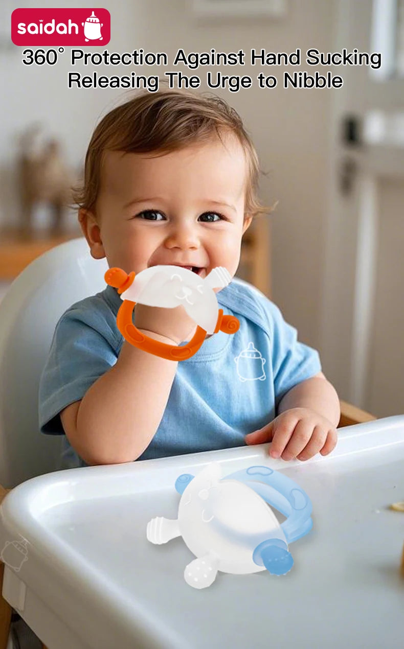 A baby is using a silicone teether shaped like a bunny to suck on it for relief from the urge to nibble.