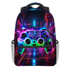 A backpack featuring a vibrant neon purple and blue design of a game controller on its surface.