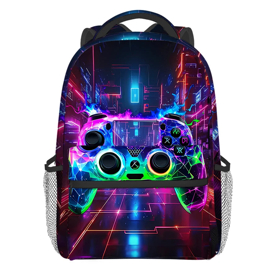 A backpack featuring a vibrant neon purple and blue design of a game controller on its surface.