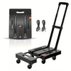 A black heavy duty folding hand truck luggage cart with a storage box and wheels.
