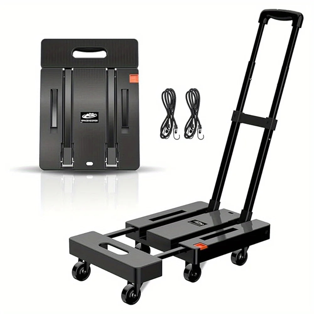 A black heavy duty folding hand truck luggage cart with a storage box and wheels.