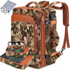 A camouflage patterned travel backpack with orange straps and attached packing cubes.