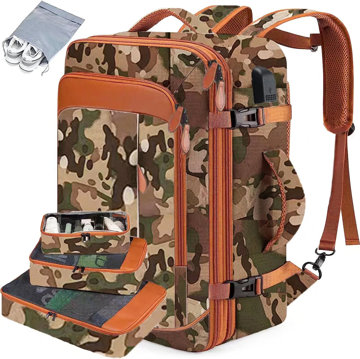 A camouflage patterned travel backpack with orange straps and attached packing cubes.
