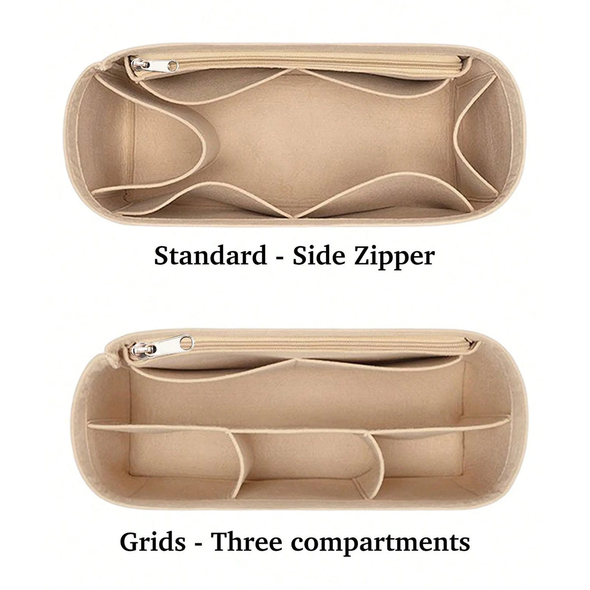 Reusable felt handbag organizer pouch showing two designs: a standard side zipper and a grid with three compartments.