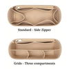 Two views of a beige felt tote bag organizer insert showing standard and grid dividers for multiple compartments