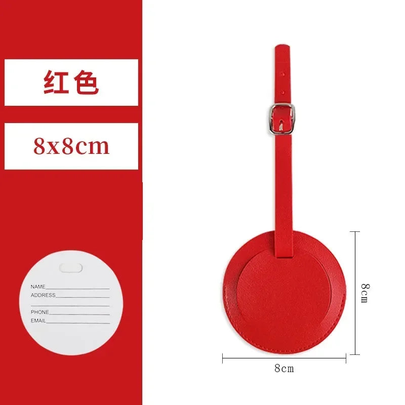 Red PU leather luggage tag with a keyring and a circular tag for identification