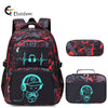 A black and red graffiti-patterned backpack featuring a graphic of a gaming headset.