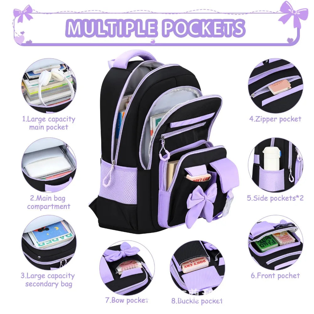 A black backpack with multiple pockets, including a main compartment, zipper pocket, side pockets, bow pocket, and buckle poc