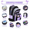 A black backpack with multiple pockets, including a main compartment, zipper pocket, side pockets, bow pocket, and buckle poc