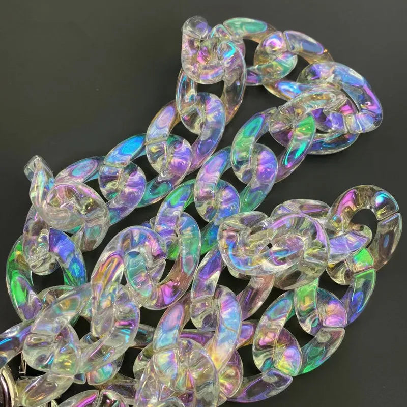 Iridescent acrylic chunky chain strap made of translucent, multicolored plastic links.