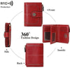 A red leather multi-fold wallet showing front, side, back, and inside views with RFID protection features.