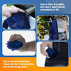 A dark blue fabric sling bag is shown being cleaned and folded into small items for storage.