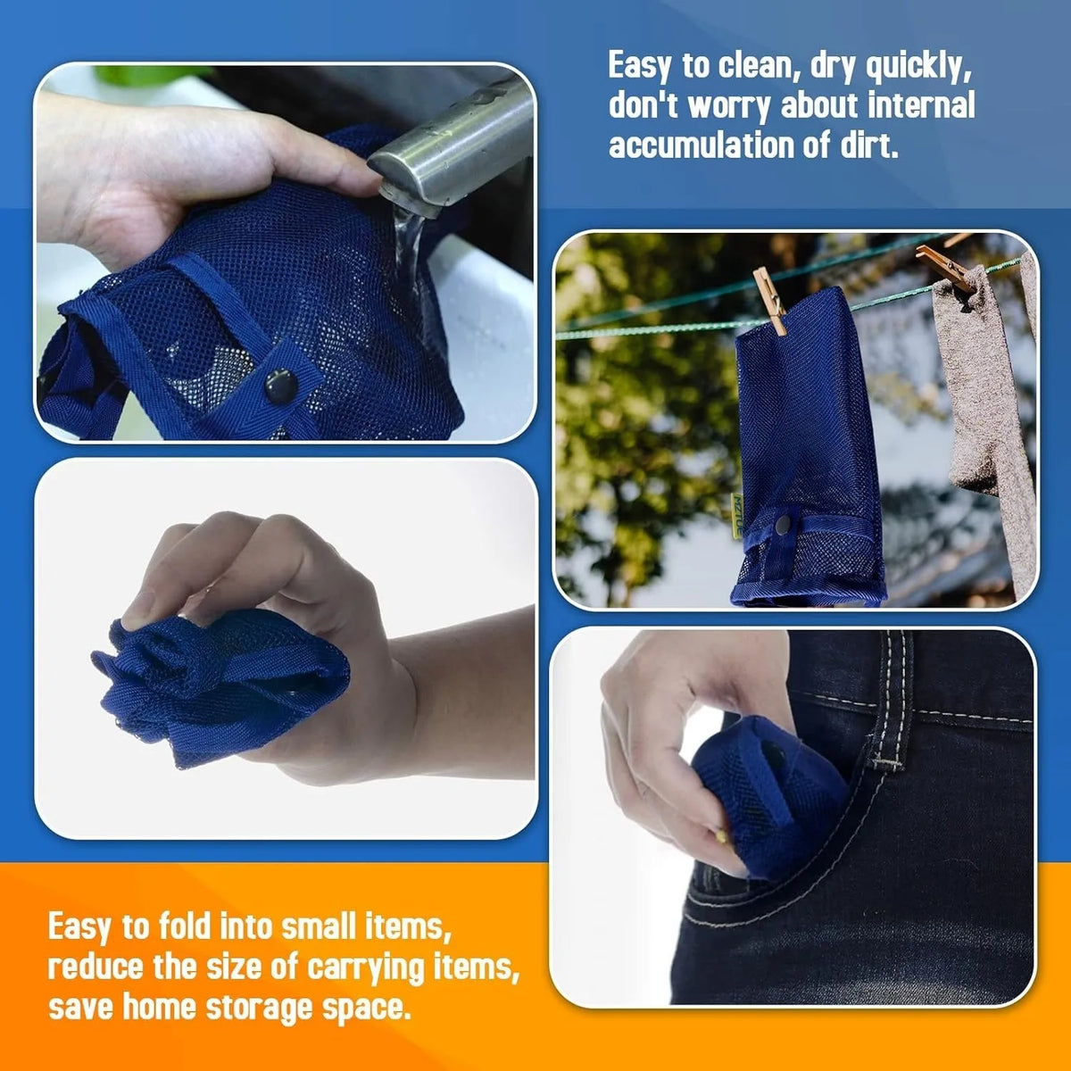 A dark blue fabric sling bag is shown being cleaned and folded into small items for storage.