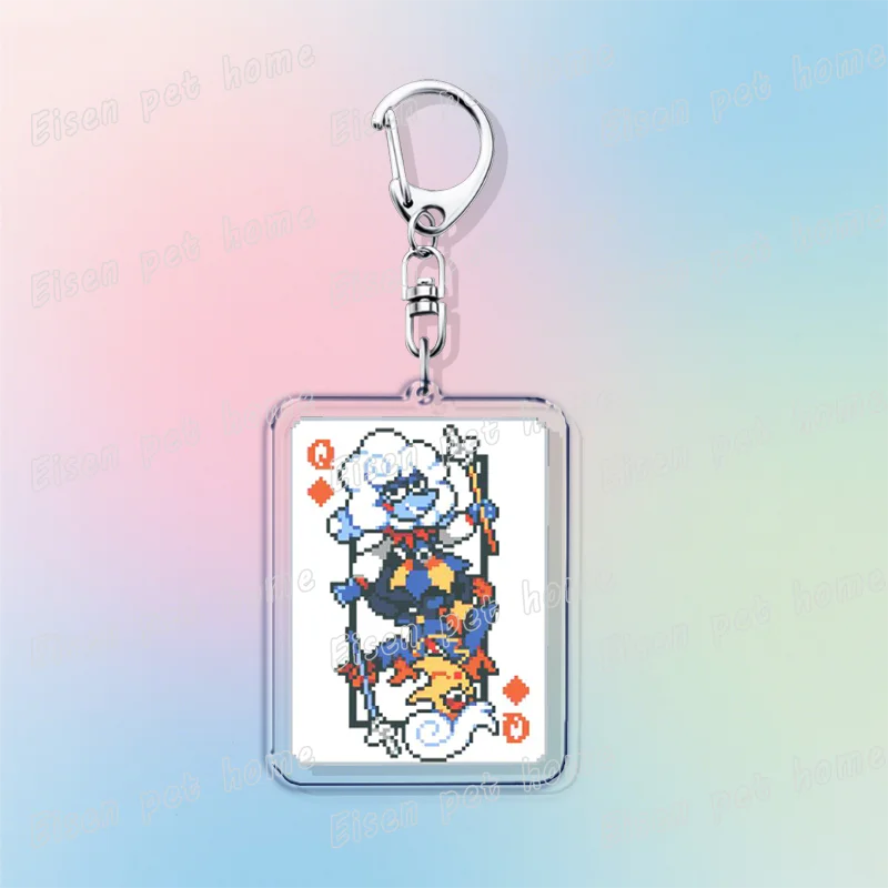 Keychain featuring a chibi Deltarune poker card design with various characters and symbols.