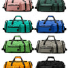 A collection of nine large tactical backpacks in various colors including pink, green, blue, and yellow.