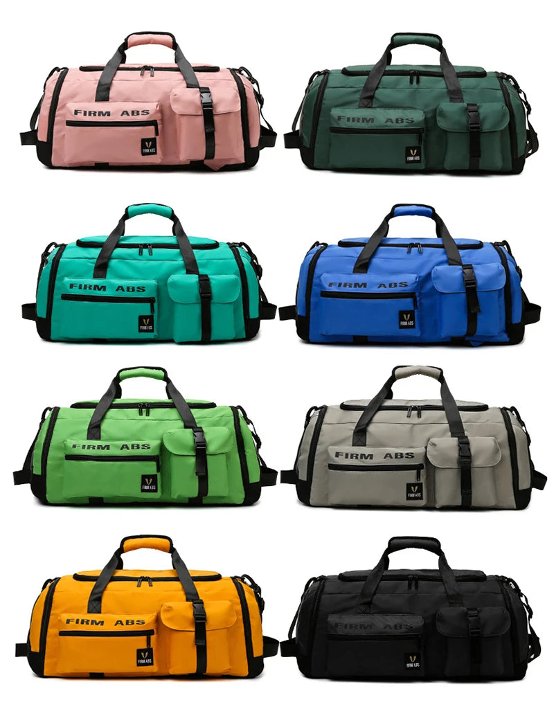 A collection of nine large tactical backpacks in various colors including pink, green, blue, and yellow.