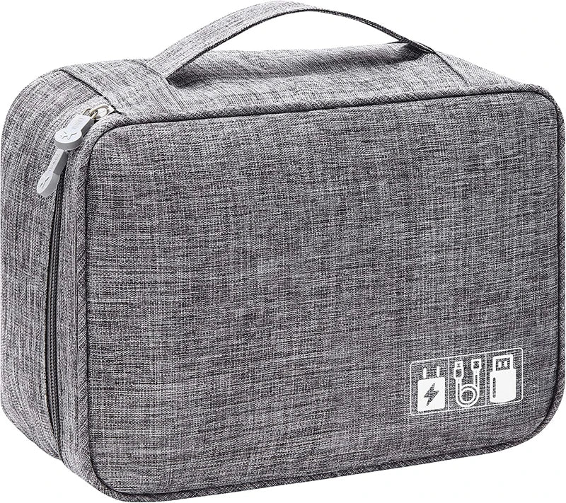 A gray portable digital organizer storage pouch with a zippered top.