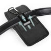 Black nylon phone belt clip pouch with a black leather strap and metal clip.