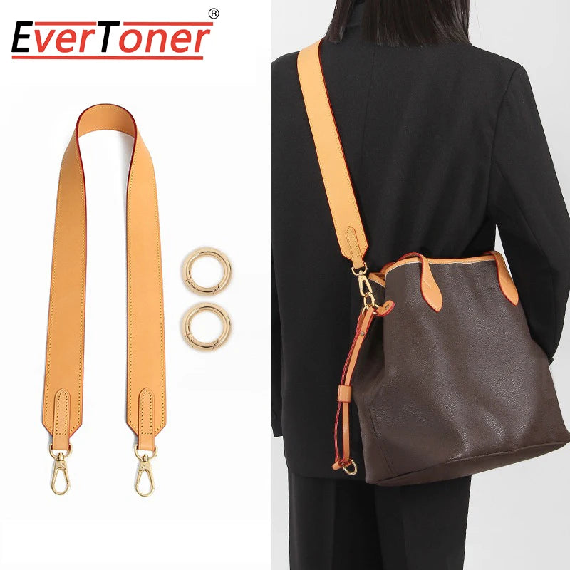 A brown leather shoulder strap with gold hardware is shown alongside a dark brown bag.