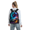 A person is wearing a black backpack featuring a wolf cartoon design with a car silhouette on the side.