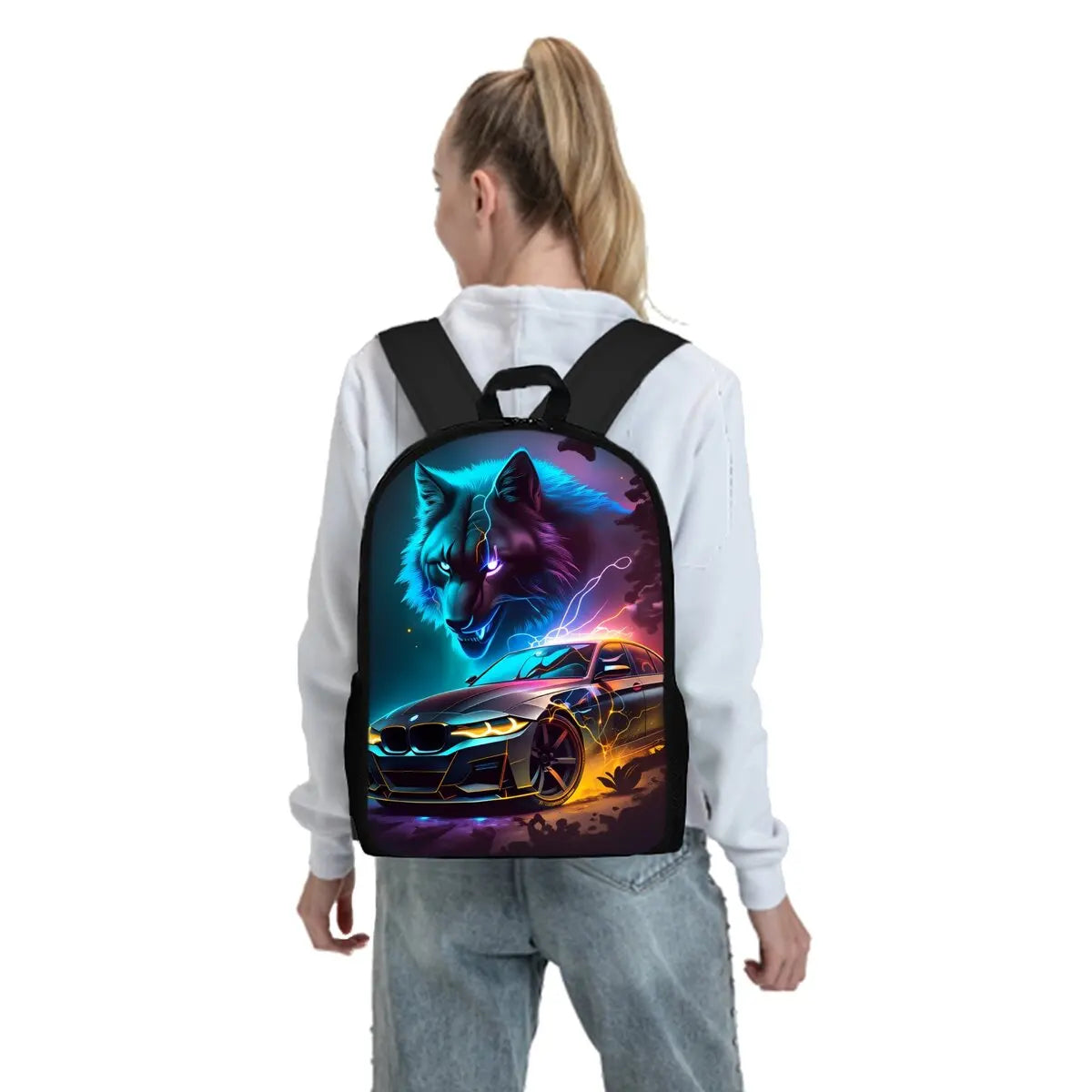 A person is wearing a black backpack featuring a wolf cartoon design with a car silhouette on the side.