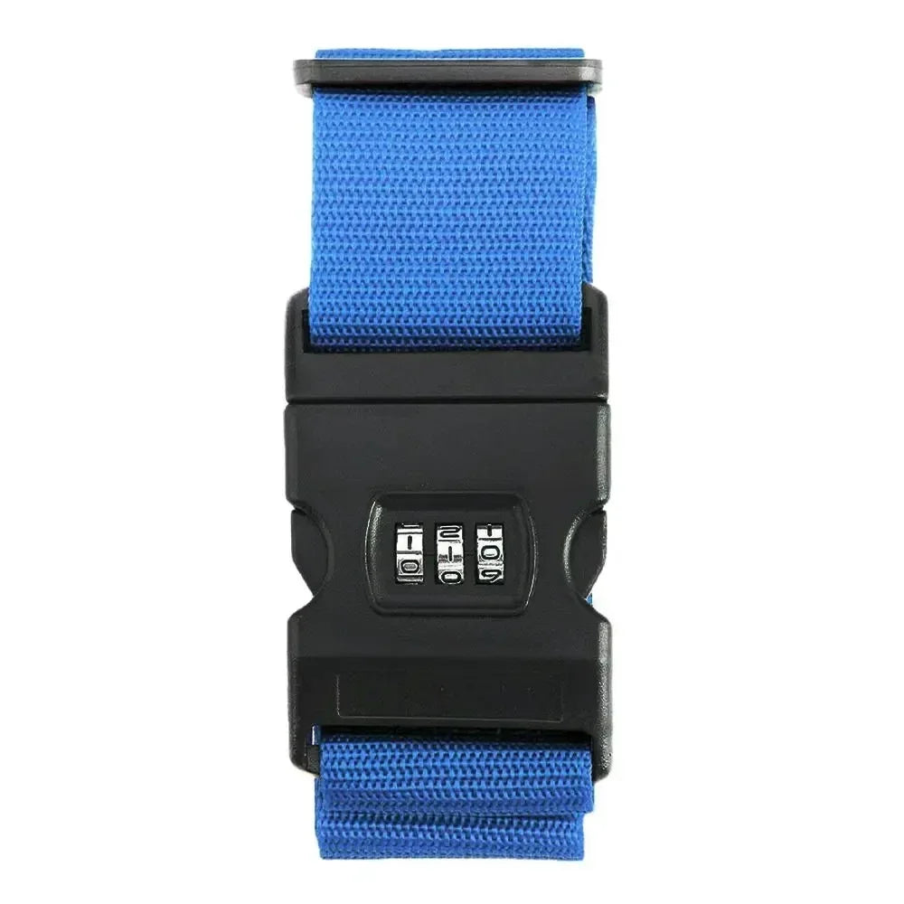 Black and blue adjustable luggage straps with a combination lock feature