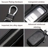 Close-up views of a black PU leather car key case featuring vacuum plating hardware, a transparent window, an imported zinc a
