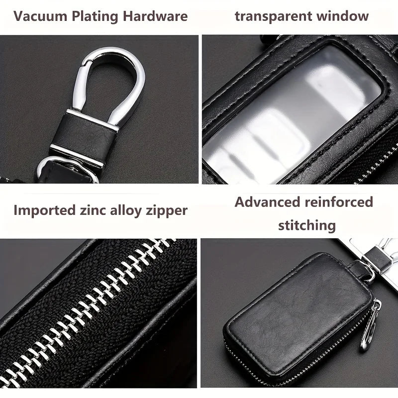 Close-up views of a black PU leather car key case featuring vacuum plating hardware, a transparent window, an imported zinc a