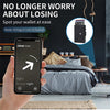 A hand holds a smartphone displaying an AirTag location feature, demonstrating the use of a wallet for locating lost items.