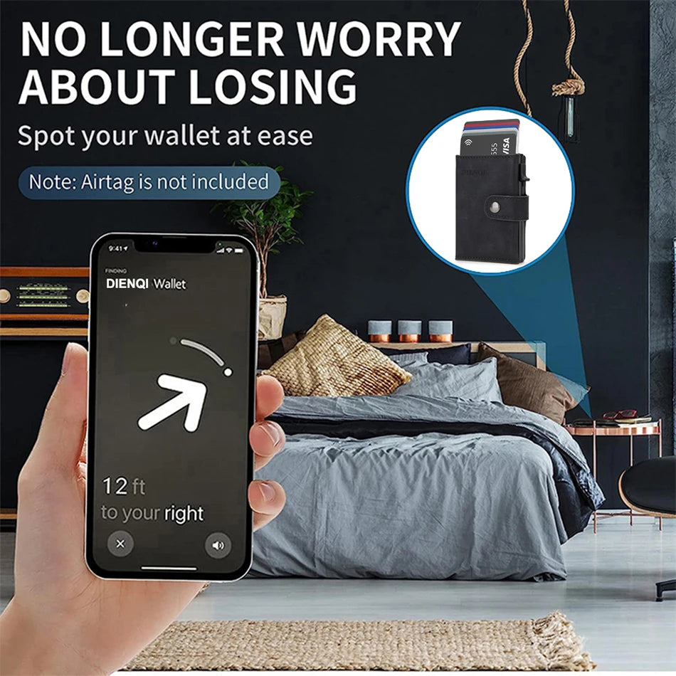 A hand holds a smartphone displaying an AirTag location feature, demonstrating the use of a wallet for locating lost items.