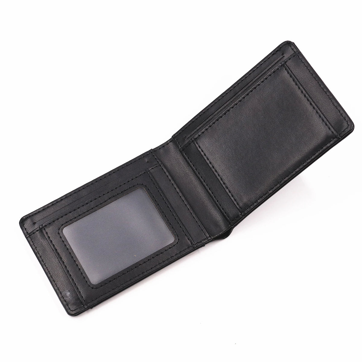 Cartera de cuero negro delgada con identificación para hombres, mostrada plana sobre fondo blanco
