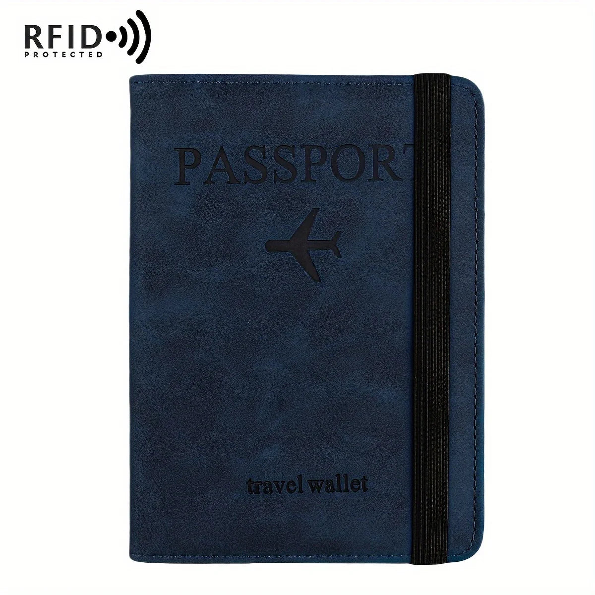 A dark blue leather passport holder with a black zipper and a silver airplane emblem.