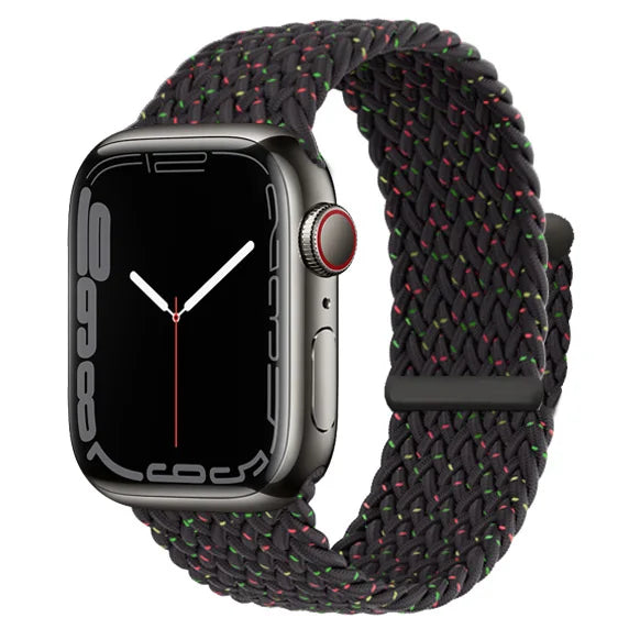 A black braided solo loop stretch band for an Apple Watch displayed on a white background.