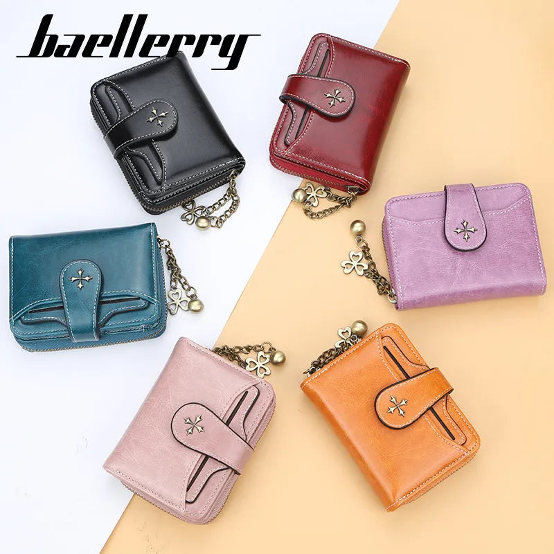 A collection of women's PU leather compact wallets in various colors including black, maroon, purple, and orange.
