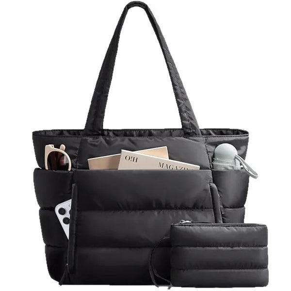 Sac cabas noir en cuir matelassé multi-compartiments avec sangle d'épaule