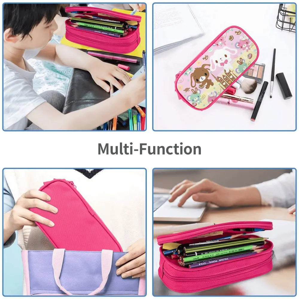 A set of multi-function pencil cases in pink and purple colors shown in various angles.