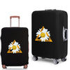 Black rolling suitcase with a yellow triangular dust cover featuring a white daisy design
