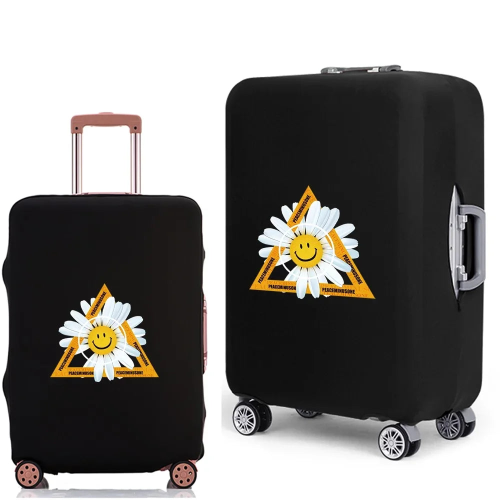 Black rolling suitcase with a yellow triangular dust cover featuring a white daisy design