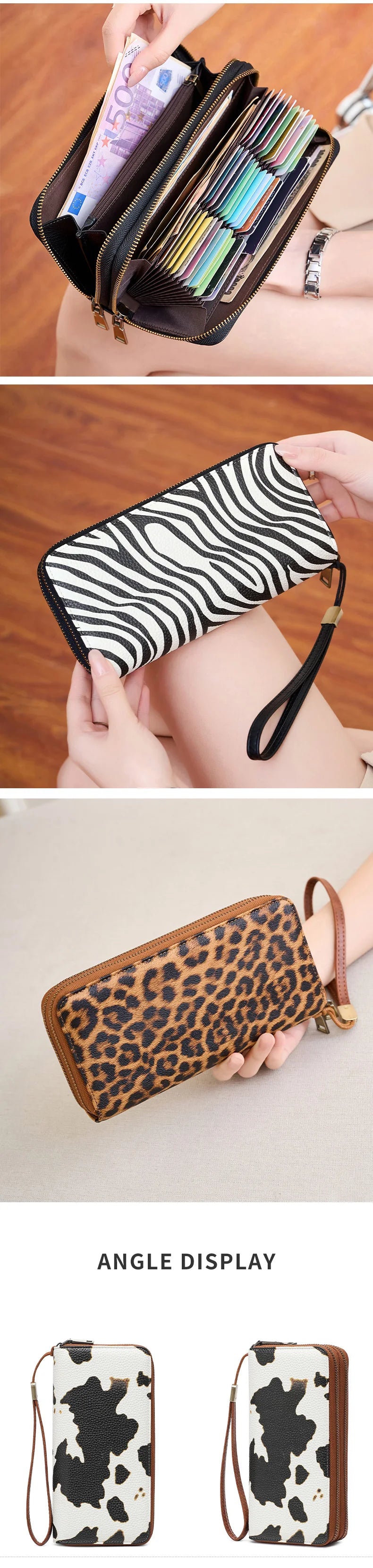 A tri-fold leopard print RFID-blocking wallet with a wrist strap shown in various angles.