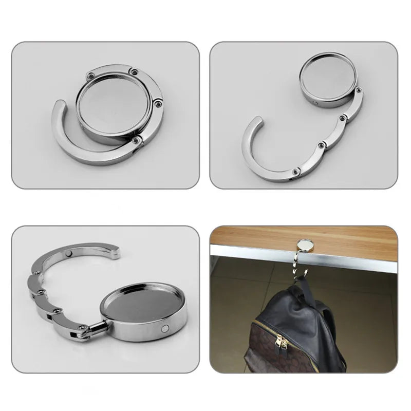 A set of folding alloy handbag hangers and hooks for securing bags.